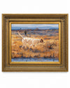 At Point original sporting oil painting of a white pointer stalking a pheasant through golden grasses, with a distant hunter and dog, in an ornate antiqued-gold frame