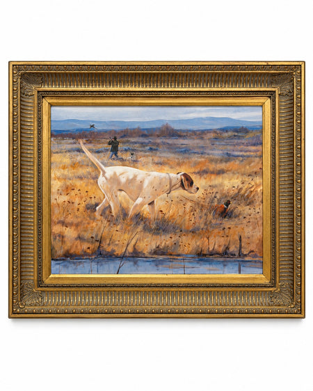 At Point original sporting oil painting of a white pointer stalking a pheasant through golden grasses, with a distant hunter and dog, in an ornate antiqued-gold frame