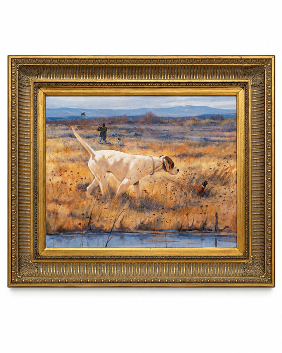 At Point original sporting oil painting of a white pointer stalking a pheasant through golden grasses, with a distant hunter and dog, in an ornate antiqued-gold frame