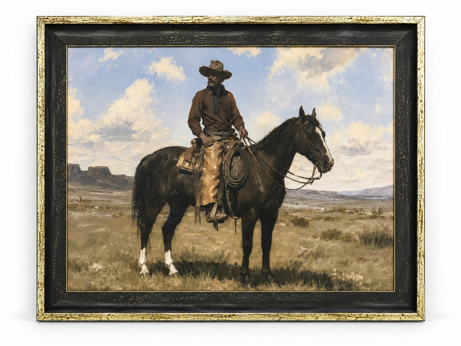The Horseman framed art: a cowboy in a wide-brimmed hat seated on a dark horse in open grassland under a blue sky, in a dark frame with a distressed antiqued-gold edge