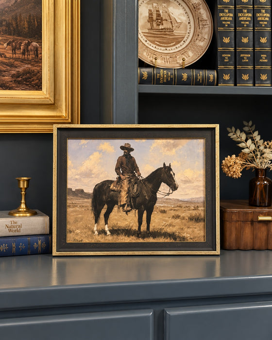 The Horseman framed cowboy painting styled on a dark painted built-in with a brass candlestick, stacked books, dried flowers, and a larger gilt-framed landscape