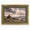 The Long View framed art: a cowboy on horseback overlooking a river valley and mesas under a cloudy sky, in an antiqued gold frame with sage green matting