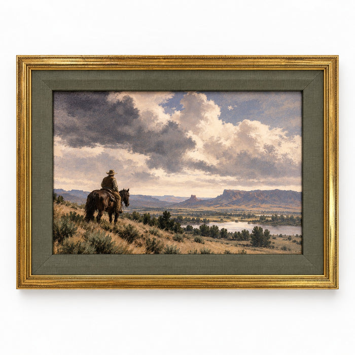 The Long View framed art: a cowboy on horseback overlooking a river valley and mesas under a cloudy sky, in an antiqued gold frame with sage green matting