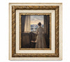 The Quiet Hour framed print of a woman in a pale dress standing at an open window overlooking a distant landscape, in a substantial cream-and-gilt carved frame
