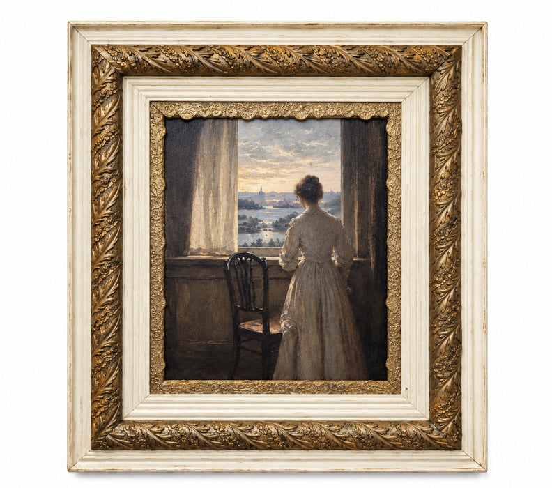 The Quiet Hour framed print of a woman in a pale dress standing at an open window overlooking a distant landscape, in a substantial cream-and-gilt carved frame