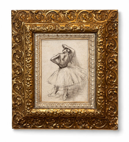 The Rehearsal giclée of a ballerina sketched from behind adjusting her hair, in an ornate carved gilt frame with pale inner trim