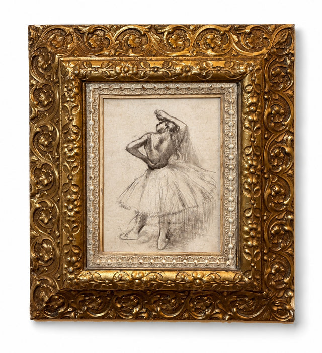 The Rehearsal giclée of a ballerina sketched from behind adjusting her hair, in an ornate carved gilt frame with pale inner trim