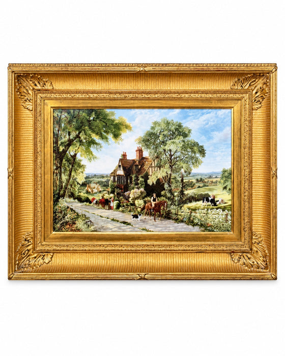 The Village Road original oil painting of a country road past a red-roofed cottage, trees, cattle, and figures, in an ornate antiqued-gold gilt frame